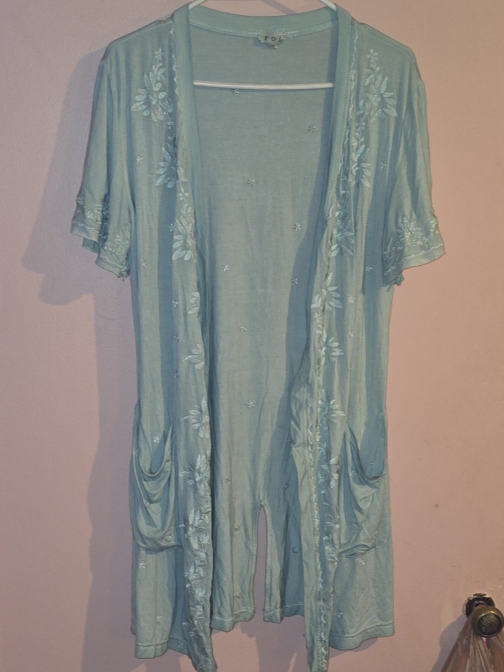 POL Boho Embroidered Short Sleeve Duster Cardigan Light Sage Green Size Small